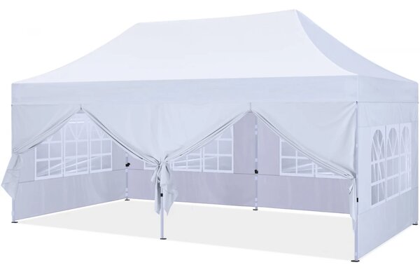 ABCCANOPY – Cort pavilion pliabil 6x3 m, înălțime reglabilă 3 trepte, pereți cu ferestre transparente, impermeabil, Alb