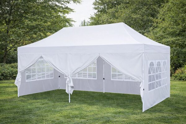 ABCCANOPY – Cort pavilion pliabil 6x3 m, înălțime reglabilă 3 trepte, pereți cu ferestre transparente, impermeabil, Alb