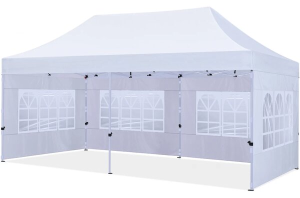 ABCCANOPY – Cort pavilion pliabil 6x3 m, înălțime reglabilă 3 trepte, pereți cu ferestre transparente, impermeabil, Alb