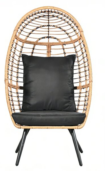 Scaun tip ou din ratan PE pentru grădină sau terasă, cu pernă groasă, material impermeabil, 74x83x146 cm, Negru/Bej
