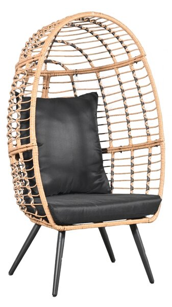 Scaun tip ou din ratan PE pentru grădină sau terasă, cu pernă groasă, material impermeabil, 74x83x146 cm, Negru/Bej