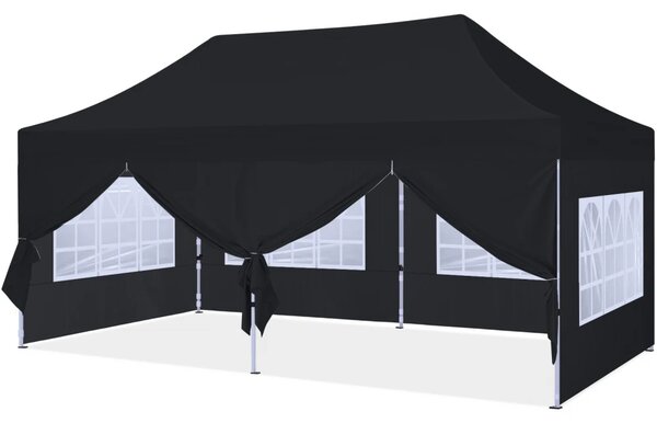 ABCCANOPY – Cort pavilion pliabil 6x3 m, înălțime reglabilă 3 trepte, pereți cu ferestre transparente, impermeabil, Negru