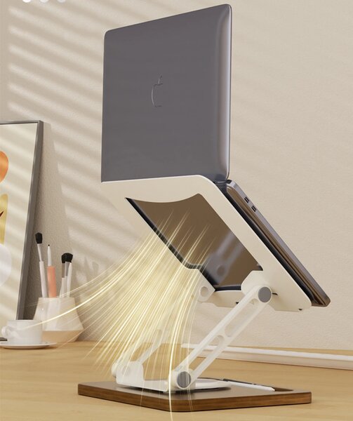 Suport ergonomic pentru laptop și tabletă, construcție premium din oțel carbon și lemn masiv, Alb