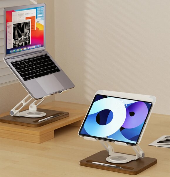 Suport ergonomic pentru laptop și tabletă, construcție premium din oțel carbon și lemn masiv, Alb