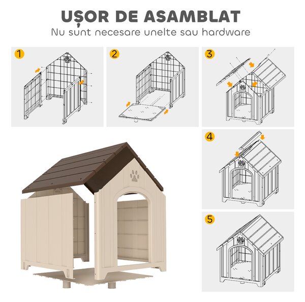 PawHut Căsuță pentru Câini de Exterior, Talie Mare și XL, Adăpost din Plastic Impermeabil cu Bază Ridicată, Ferestre și Acoperiș Înclinat pentru Grădină, Terasă, Curte, 102x94x103 cm, Bej | Aosom Romania