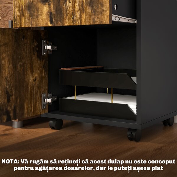 HOMCOM Dulap Birou cu 4 Roți, Raft Deschis și 2 Sertare, Mobilier de Birou din Lemn și Metal, 40x35x60 cm, Maro | Aosom Romania