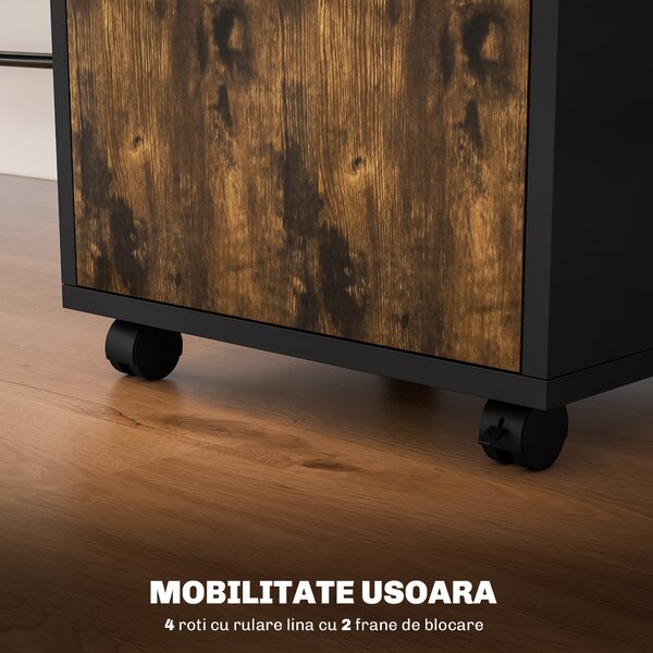 HOMCOM Dulap Birou cu 4 Roți, Raft Deschis și 2 Sertare, Mobilier de Birou din Lemn și Metal, 40x35x60 cm, Maro | Aosom Romania