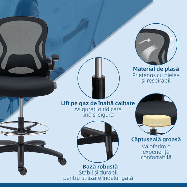 Vinsetto Scaun de Birou Ergonomic, Scaun Rotativ din Plasă, Reglabil pe Înălțime cu Suport pentru Picioare și Cotiere Rabatabile, Capacitate 120kg, Negru | Aosom Romania