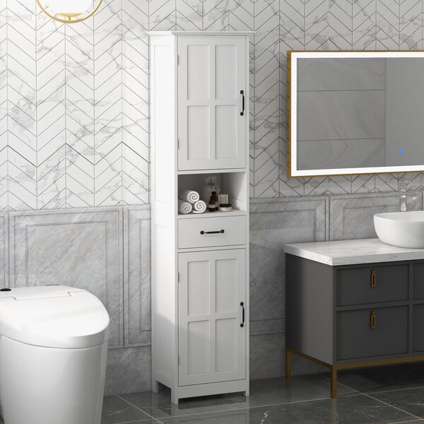 Kleankin Dulap Modern pentru Baie, Mobilier Îngust cu Raft Deschis, Sertar, Uși Încastrate și Rafturi Ajustabile Alb | Aosom Romania