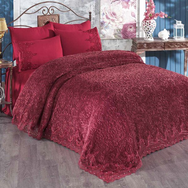 Set Lenjerie + Cuvertura de lux Matlasata cu broderie Eleganta 6 piese Rosu