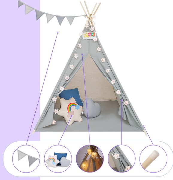 Jurhan Cort tip teepee pentru copii JULIUS, 120x120x160cm, gri/albastru