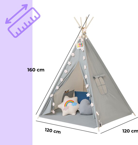 Jurhan Cort tip teepee pentru copii JULIUS, 120x120x160cm, gri/albastru