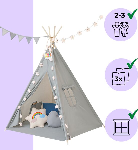 Jurhan Cort tip teepee pentru copii JULIUS, 120x120x160cm, gri/albastru
