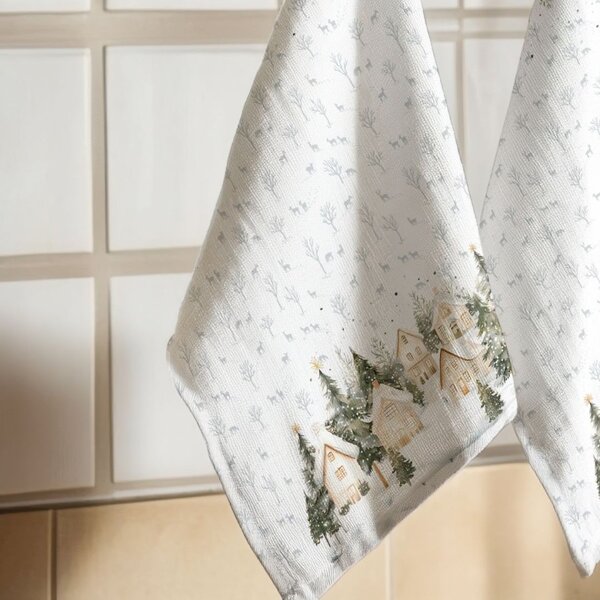 Prosop de bucatarie Craciun cu brazi si casute, 40x65cm, bumbac 100%, Snowy