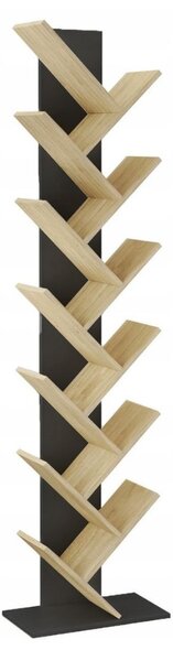 Bibliotecă verticală JUMI, 222x50x24 cm, MDF negru-stejar, tip arbore pentru cărți și decorațiuni