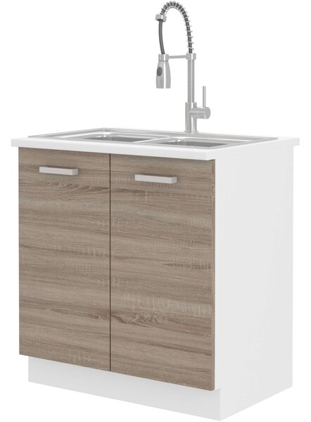 Dulap inferior de bucătărie sub chiuvetă Domton 80 ZL 2F ZB (alb + stejar sonoma truflă). 1033020