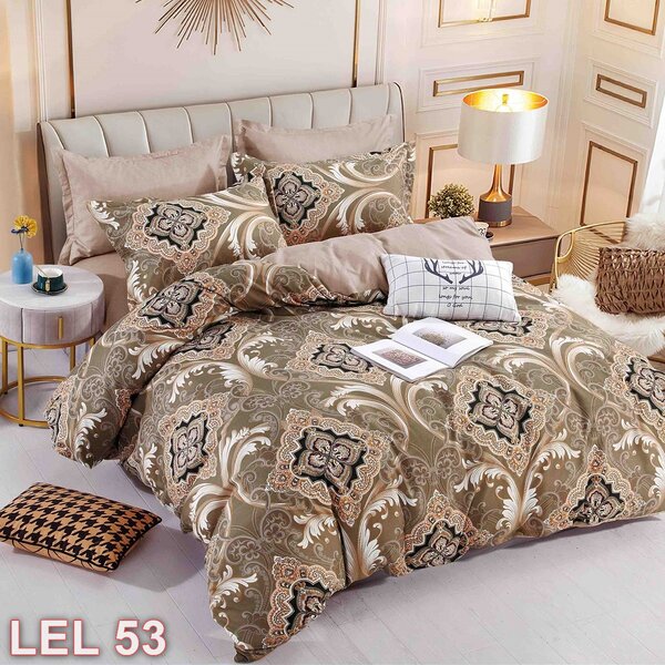 Lenjerie de pat, 2 persoane, finet, 6 piese, cu elastic, maro , cu model LEL53
