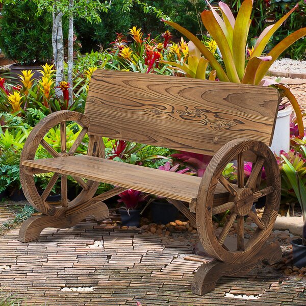 Bancă de grădină cu cotiere tip roată de căruță, bancă rustică, lemn masiv, maro, 114 x 58 x 80 cm