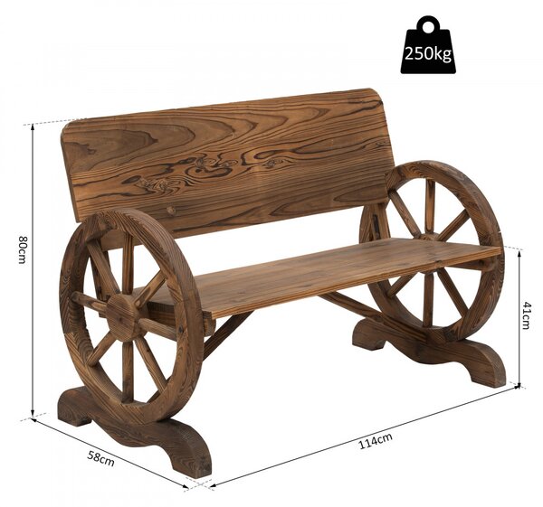 Bancă de grădină cu cotiere tip roată de căruță, bancă rustică, lemn masiv, maro, 114 x 58 x 80 cm