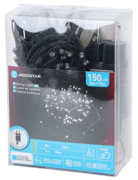 Aigostar - Ghirlandă LED pentru exterior de Crăciun, 150 LED, 8 funcții, 18 m, IP44, alb rece