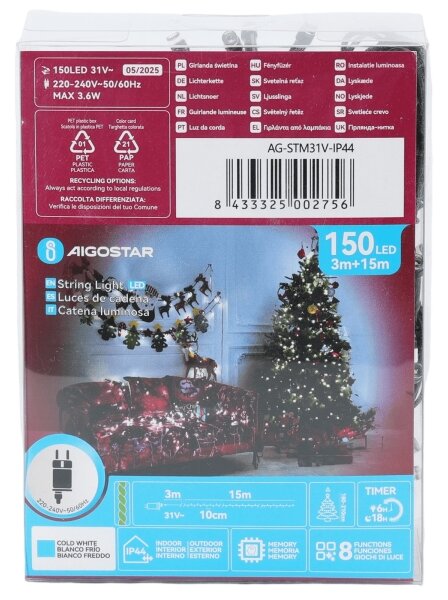 Aigostar - Ghirlandă LED pentru exterior de Crăciun, 150 LED, 8 funcții, 18 m, IP44, alb rece