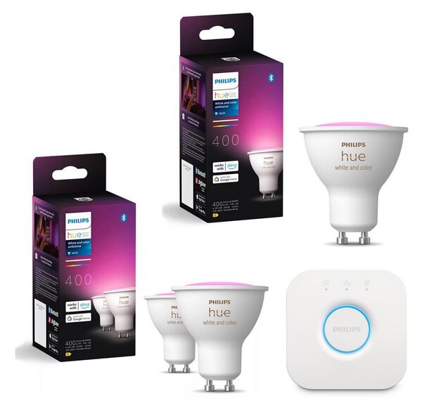 Set 3x becuri LED RGBW reglabile Philips Hue WACA GU10/4,2W/230V+ Hue Bridge