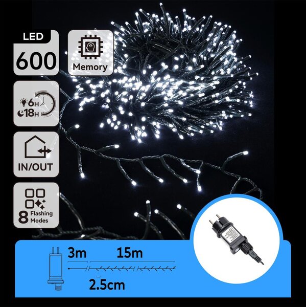 Aigostar - Ghirlandă LED de exterior pentru Crăciun, 600 LED, 8 moduri, 18 m, IP44, alb rece