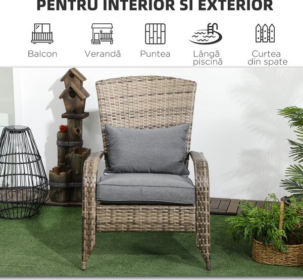 Outsunny Scaun de Grădină din Ratan, Scaun de Exterior cu Cotiere, Perne și Spătar Înalt Curbat, 64x80x90 cm, Gri | Aosom Romania