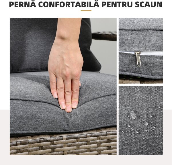 Outsunny Scaun de Grădină din Ratan, Scaun de Exterior cu Cotiere, Perne și Spătar Înalt Curbat, 64x80x90 cm, Gri | Aosom Romania