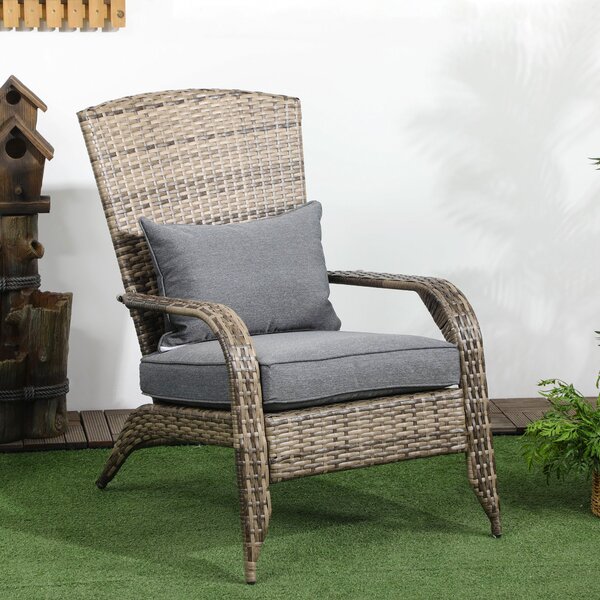 Outsunny Scaun de Grădină din Ratan, Scaun de Exterior cu Cotiere, Perne și Spătar Înalt Curbat, 64x80x90 cm, Gri | Aosom Romania