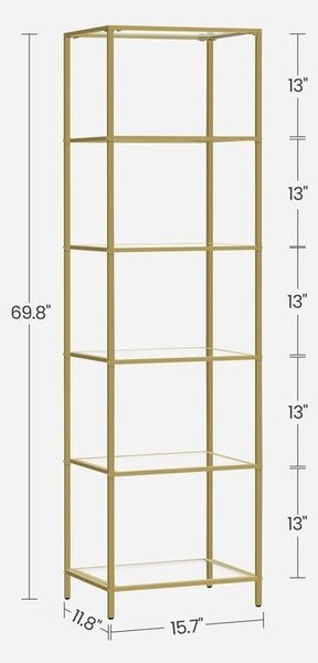 Raft cu 6 polițe de sticlă Model Emmalyn, Auriu, 40x30x177.3 cm