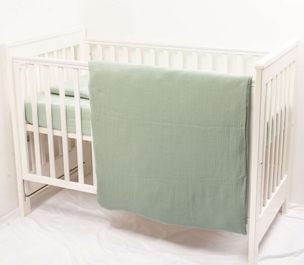 Lenjerie patut din muselina dubla 120x60 cm Kidizi mint, include cearceaf, perna, husa pilota si pilota