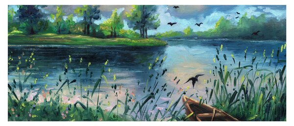 Tablou - Pictură în ulei, seară de vară lângă lac (120x50 cm)
