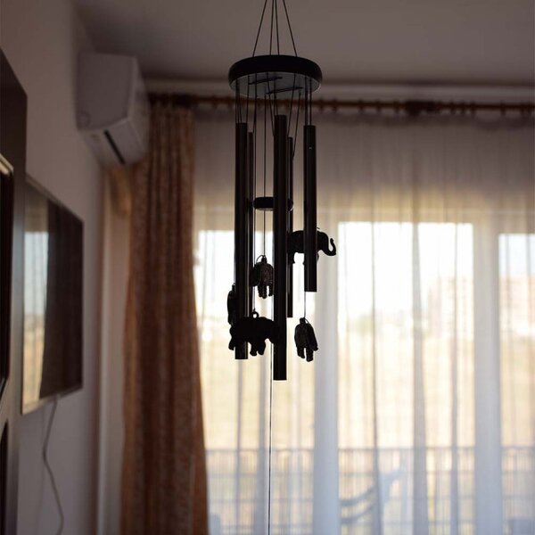 Clopotel de vant cu 5 tuburi sonore metalice pentru casa sau gradina, model Feng-Shui cu 6 elefanti