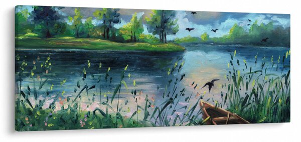 Tablou - Pictură în ulei, seară de vară lângă lac (120x50 cm)