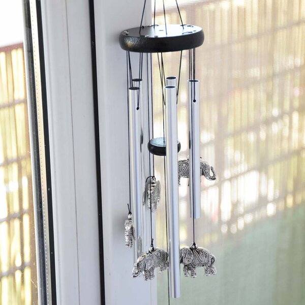Clopotel de vant cu 5 tuburi sonore metalice pentru casa sau gradina, model Feng-Shui cu 6 elefanti