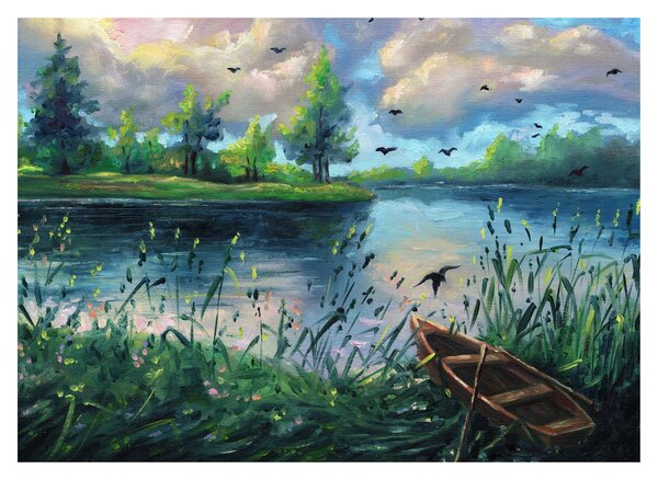 Tablou - Pictură în ulei, seară de vară lângă lac (70x50 cm)