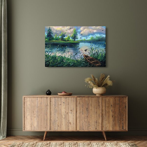 Tablou - Pictură în ulei, seară de vară lângă lac (90x60 cm)