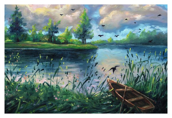 Tablou - Pictură în ulei, seară de vară lângă lac (90x60 cm)