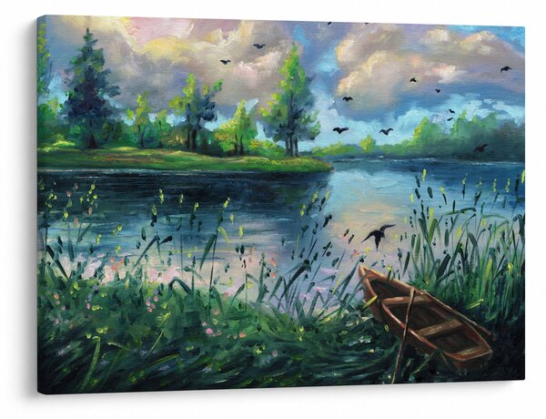 Tablou - Pictură în ulei, seară de vară lângă lac (70x50 cm)
