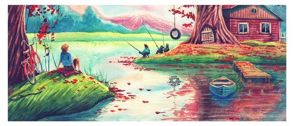 Tablou - Acuarelă, Golf într-un sat de munte (120x50 cm)