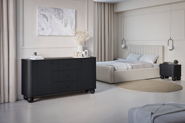 Comodă cu sertare Vesper 160 cm picioare sferice - negru / mânere negre
