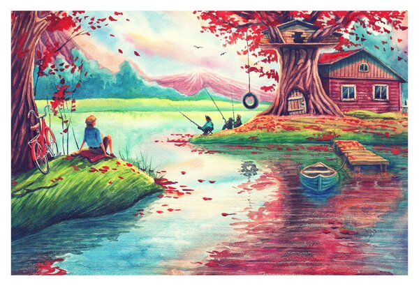 Tablou - Acuarelă, Golf într-un sat de munte (90x60 cm)