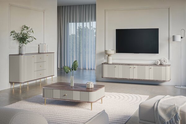 Dulap TV suspendată Vesper 4D 187 cm - cașmir / nuc / mânere aurii