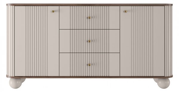Comodă cu sertare pe picioare rotunde Vesper 160 cm - cașmir / nuc / mânere aurii