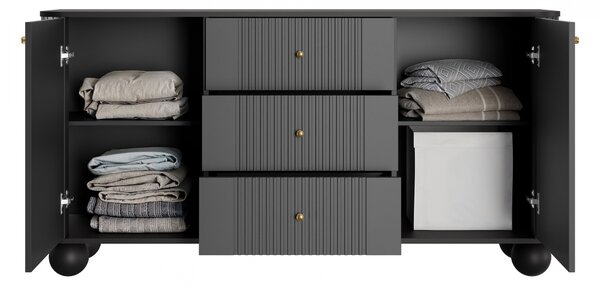 Comodă cu sertare Vesper 160 cm pe picioare sferice - negru / mânere aurii / picioare sferice