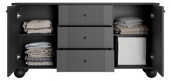 Comodă cu sertare Vesper 160 cm picioare sferice - negru / mânere negre