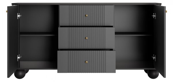 Comodă cu sertare Vesper 160 cm pe picioare sferice - negru / mânere aurii / picioare sferice