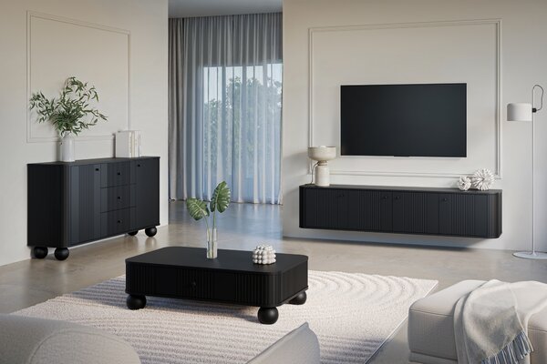 Comodă cu sertare Vesper 160 cm picioare sferice - negru / mânere negre