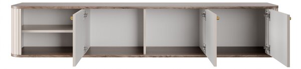 Comodă TV suspendată Vesper 187 cm cu trei uși - casmir / nuc / mânere aurii
